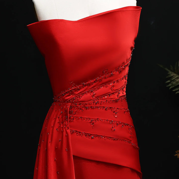 Elegant Red Satin Evening Dress with Draped Side Train SF514