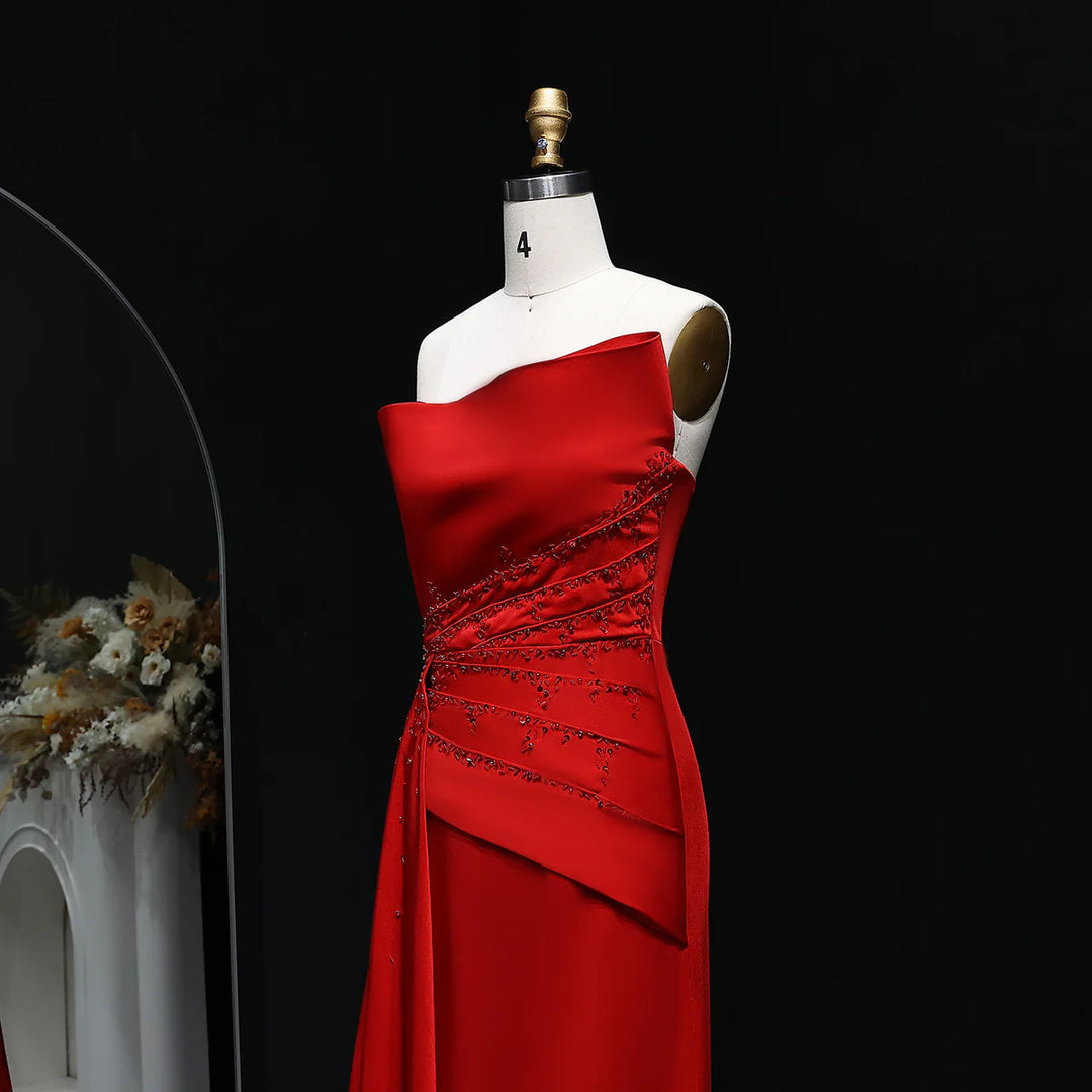 Elegant Red Satin Evening Dress with Draped Side Train SF514