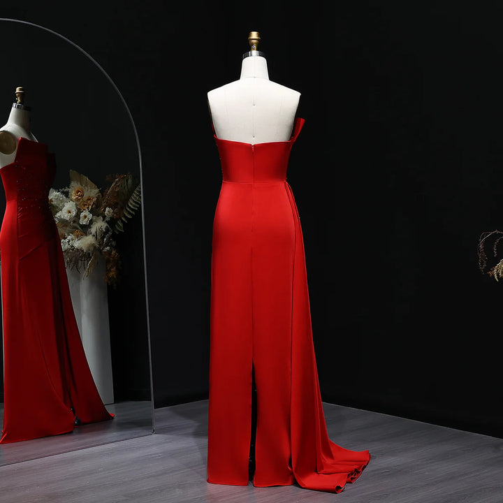 Elegant Red Satin Evening Dress with Draped Side Train SF514