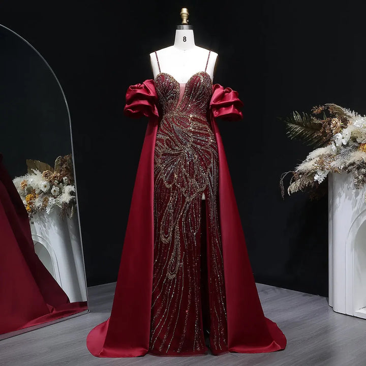 Luxury Green Beaded Slit Evening Gown with Cape SS157