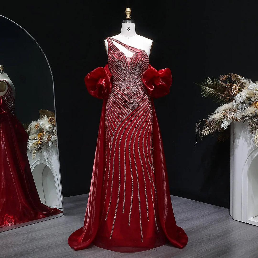 Elegent Blue Beaded One-Shoulder Evening Dress with Flowing Cape SS016