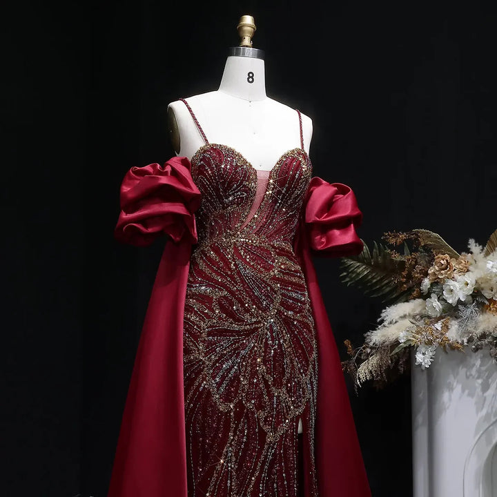 Luxury Green Beaded Slit Evening Gown with Cape SS157