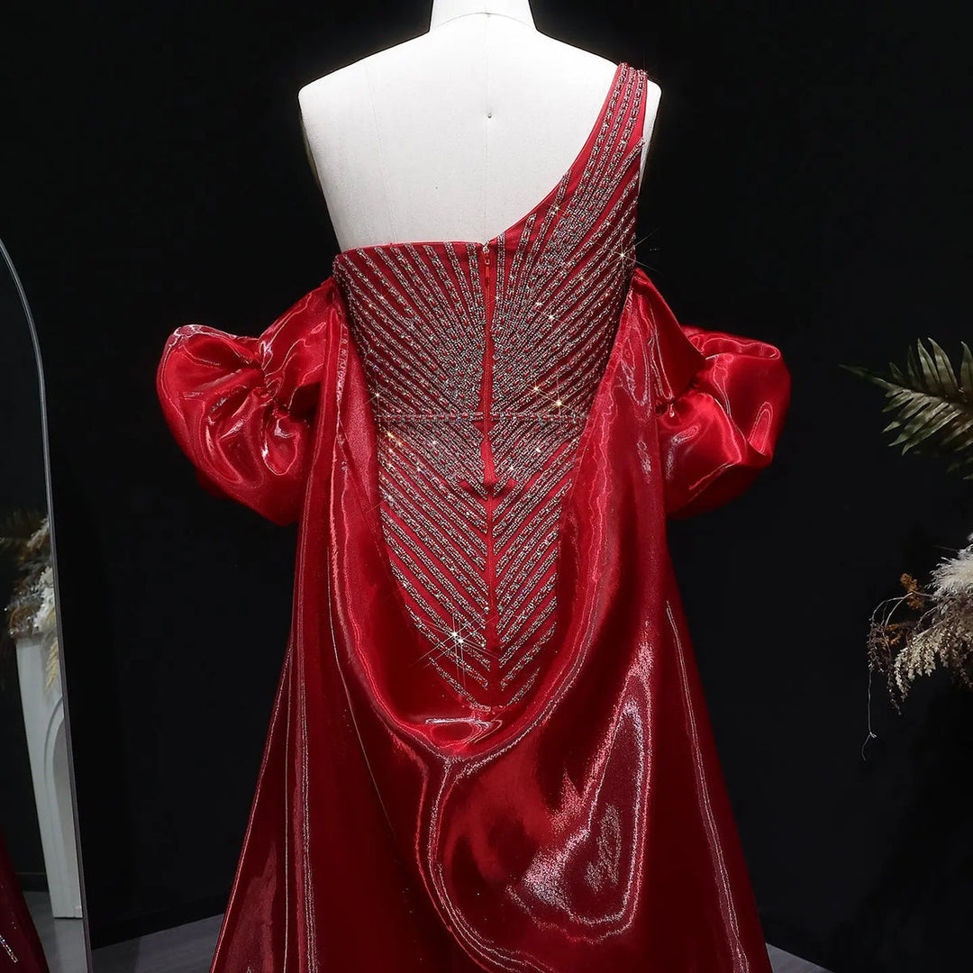 Elegent Blue Beaded One-Shoulder Evening Dress with Flowing Cape SS016