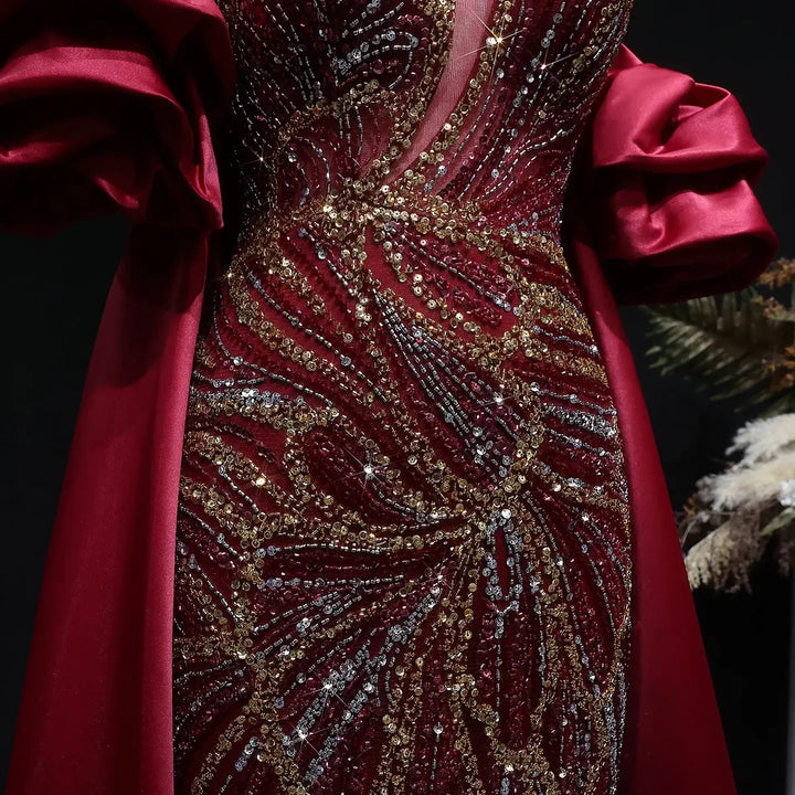 Luxury Green Beaded Slit Evening Gown with Cape SS157