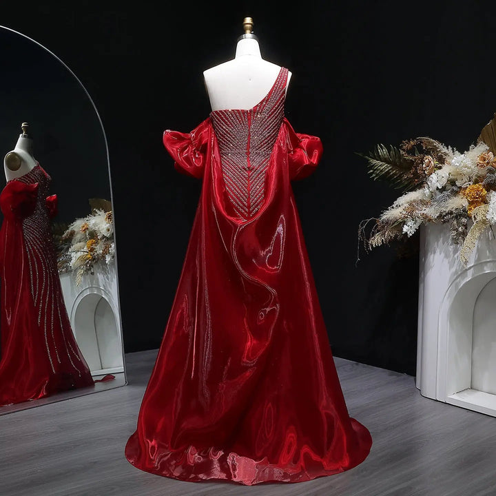 Elegent Blue Beaded One-Shoulder Evening Dress with Flowing Cape SS016