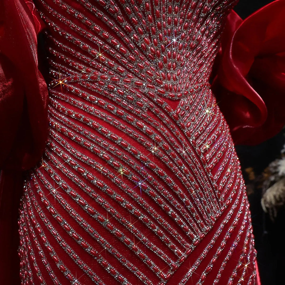 Elegent Blue Beaded One-Shoulder Evening Dress with Flowing Cape SS016