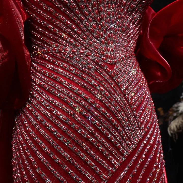 Elegent Blue Beaded One-Shoulder Evening Dress with Flowing Cape SS016