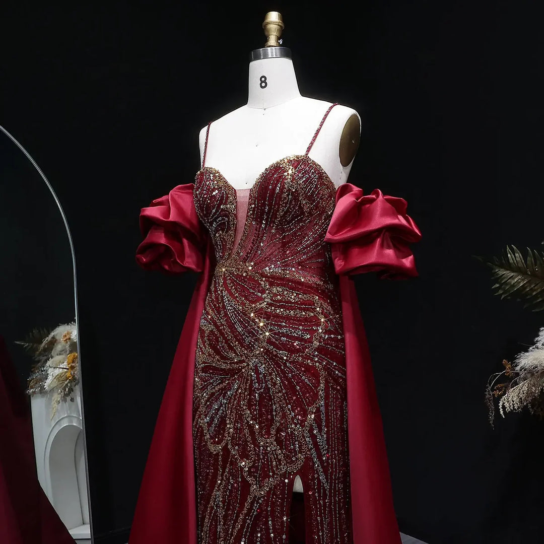 Luxury Green Beaded Slit Evening Gown with Cape SS157