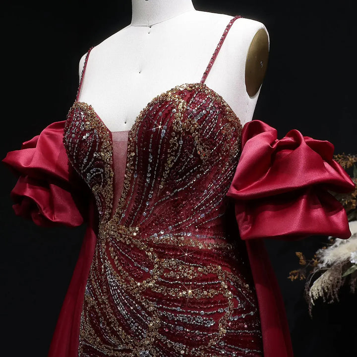 Luxury Green Beaded Slit Evening Gown with Cape SS157