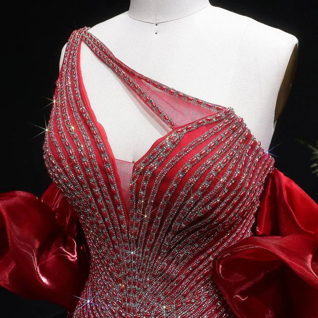 Elegent Blue Beaded One-Shoulder Evening Dress with Flowing Cape SS016