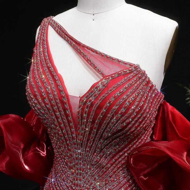 Elegent Blue Beaded One-Shoulder Evening Dress with Flowing Cape SS016