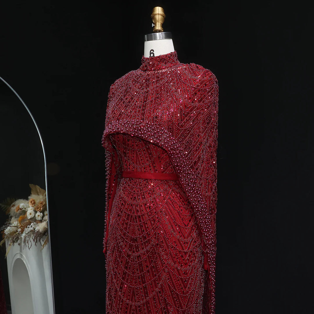 Nude Luxury Long Sleeves Muslim Evening Dresses with Cape SS369A