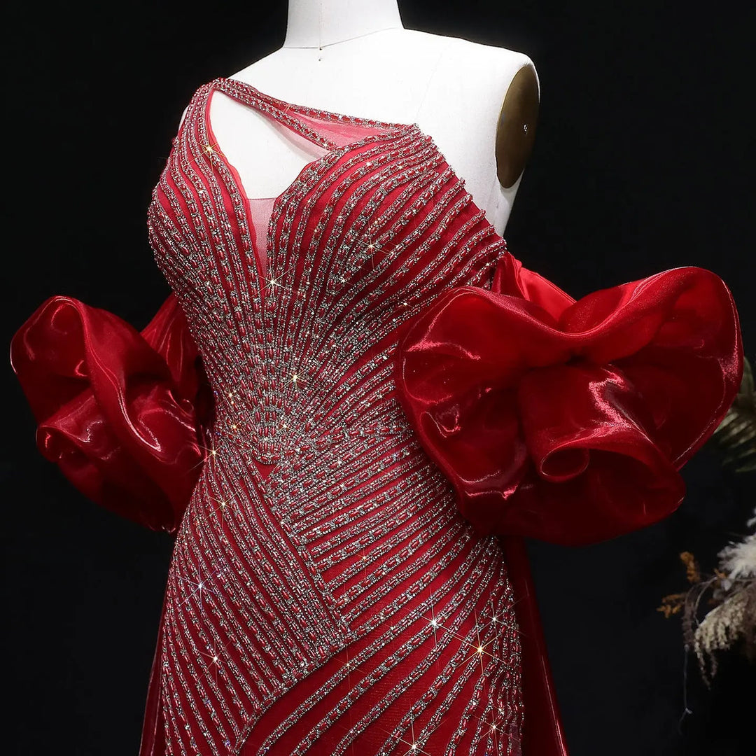 Elegent Blue Beaded One-Shoulder Evening Dress with Flowing Cape SS016