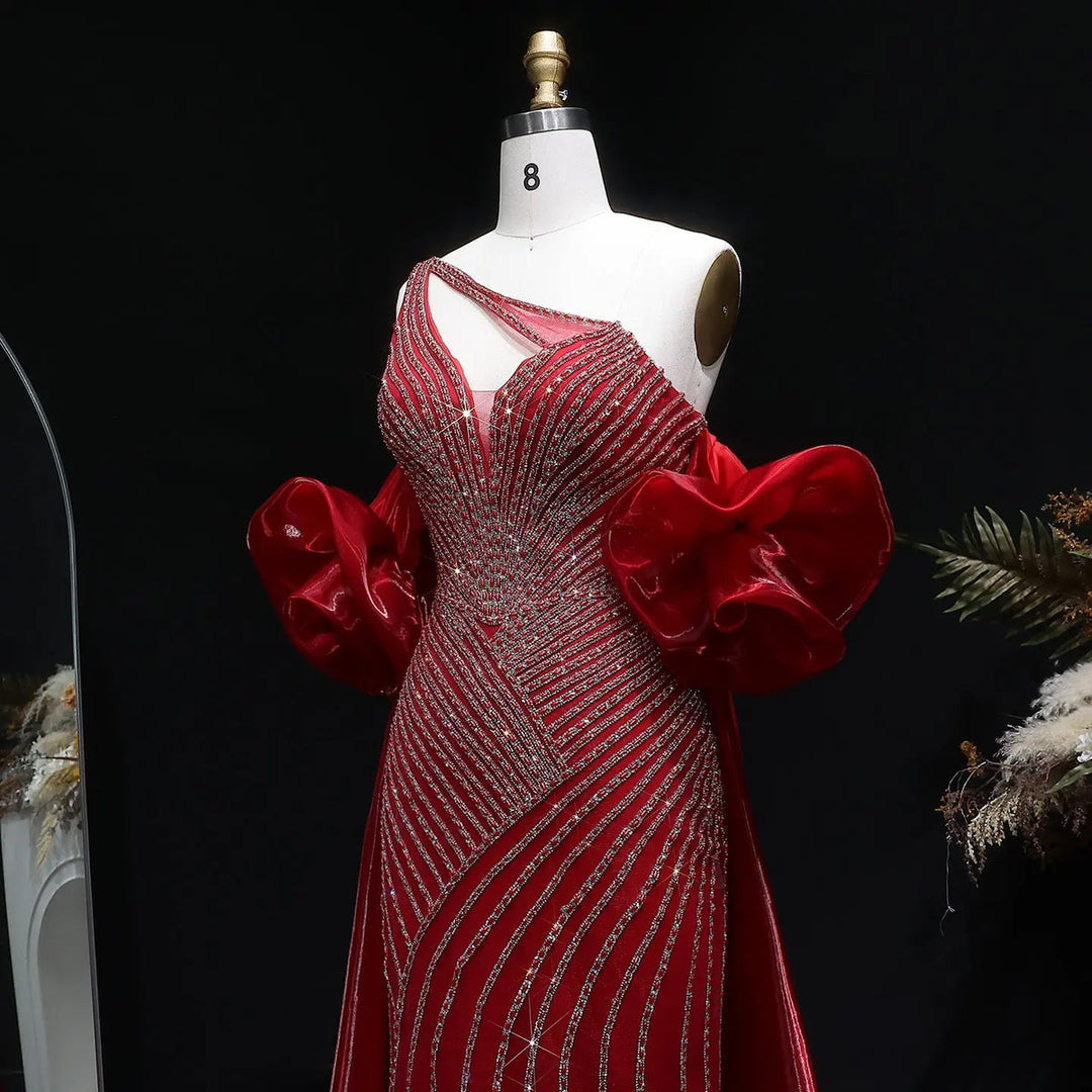 Elegent Blue Beaded One-Shoulder Evening Dress with Flowing Cape SS016