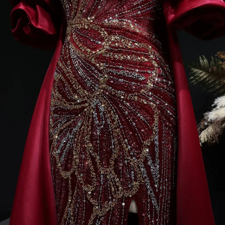 Luxury Green Beaded Slit Evening Gown with Cape SS157