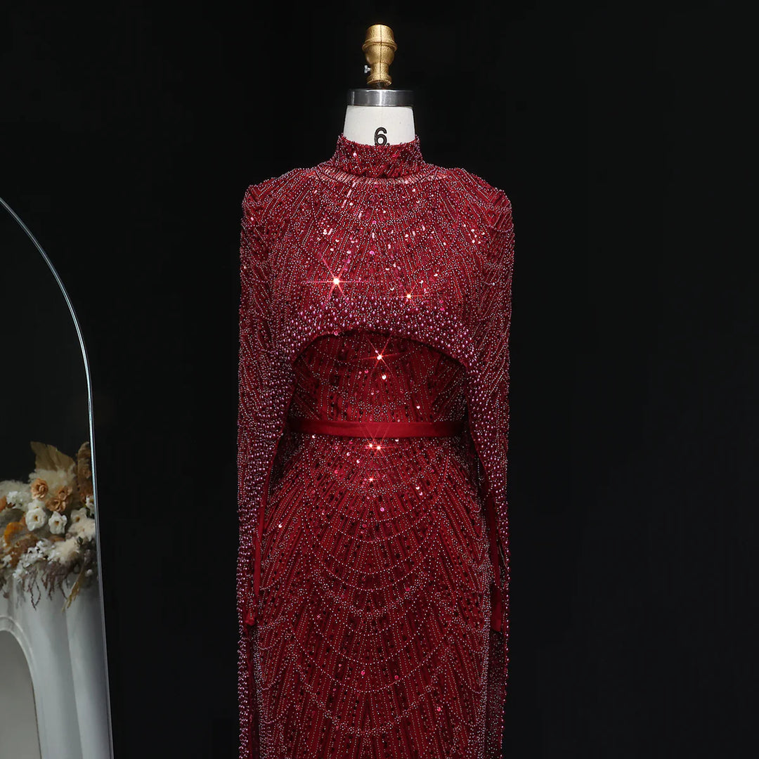 Nude Luxury Long Sleeves Muslim Evening Dresses with Cape SS369A