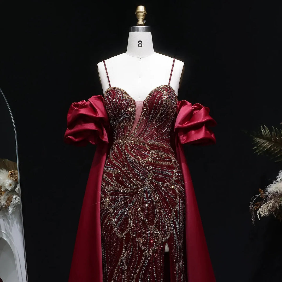 Luxury Green Beaded Slit Evening Gown with Cape SS157