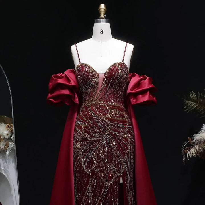 Luxury Green Beaded Slit Evening Gown with Cape SS157