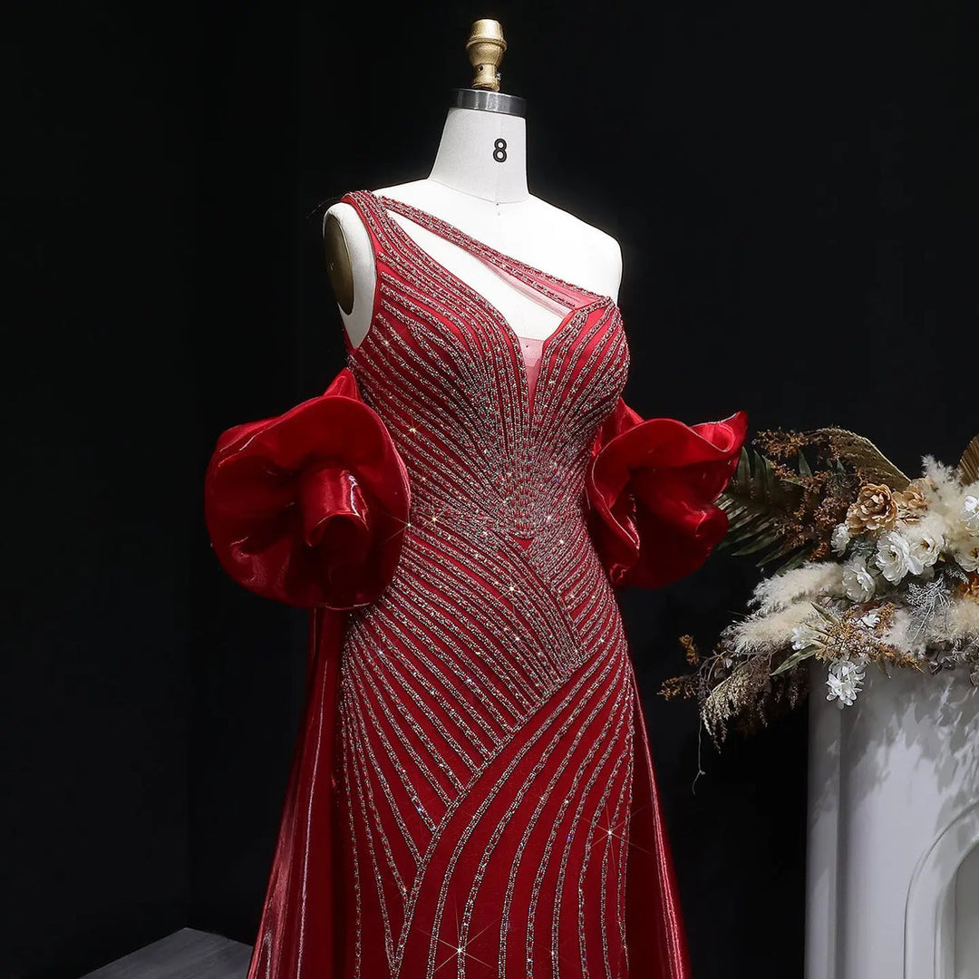 Elegent Blue Beaded One-Shoulder Evening Dress with Flowing Cape SS016