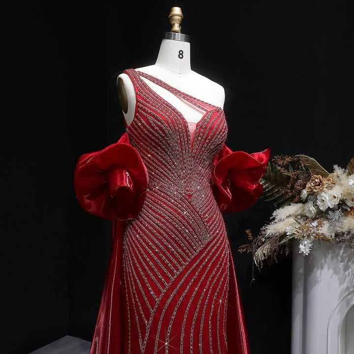 Elegent Blue Beaded One-Shoulder Evening Dress with Flowing Cape SS016