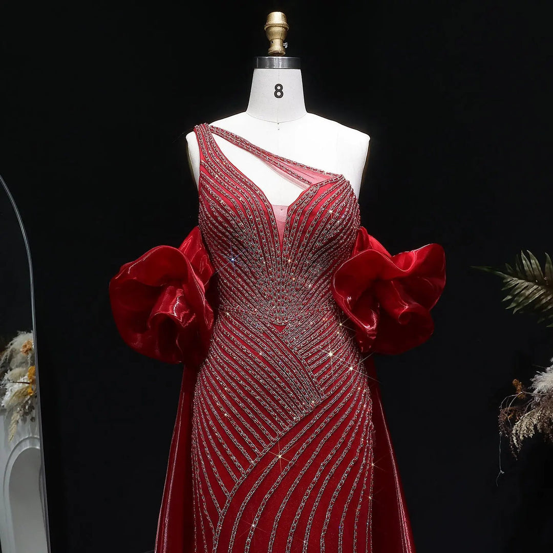 Elegent Blue Beaded One-Shoulder Evening Dress with Flowing Cape SS016