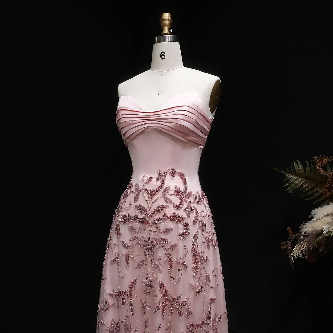 Romantic Pink Strapless Embroidered Beaded Evening Gown SS529