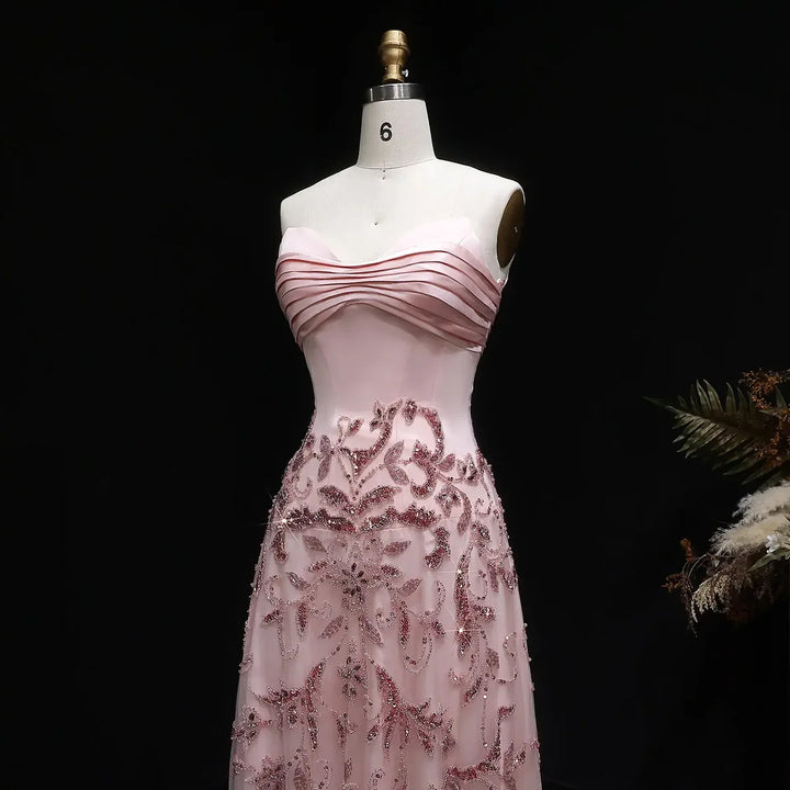 Romantic Pink Strapless Embroidered Beaded Evening Gown SS529