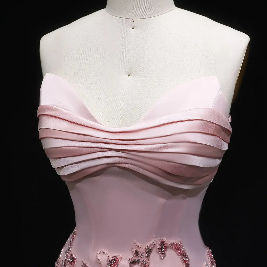 Romantic Pink Strapless Embroidered Beaded Evening Gown SS529