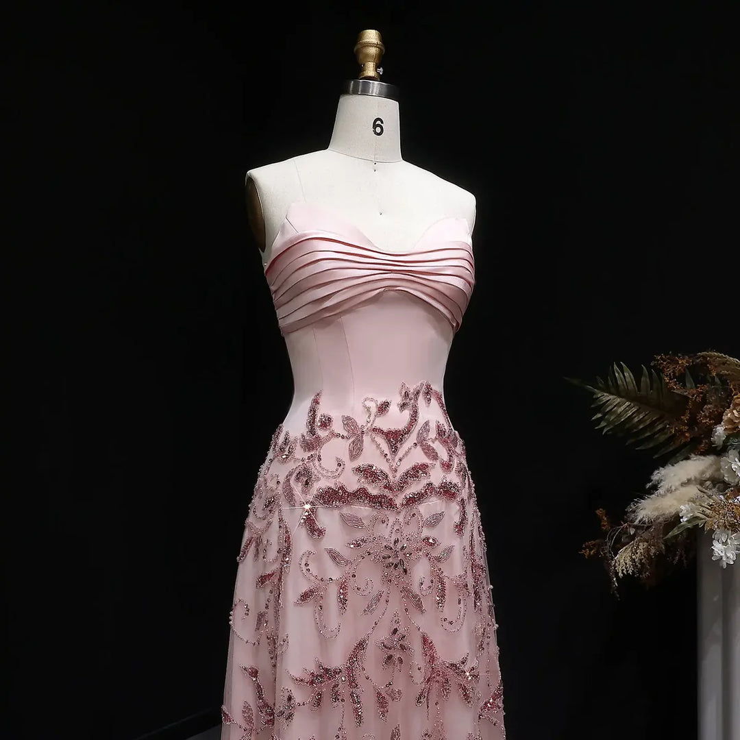 Romantic Pink Strapless Embroidered Beaded Evening Gown SS529