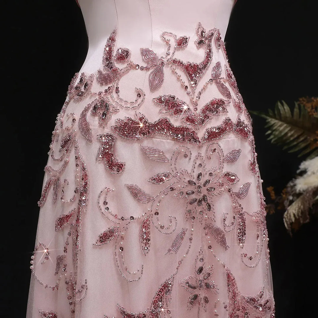 Romantic Pink Strapless Embroidered Beaded Evening Gown SS529