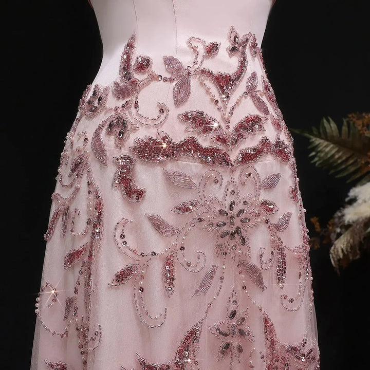 Romantic Pink Strapless Embroidered Beaded Evening Gown SS529