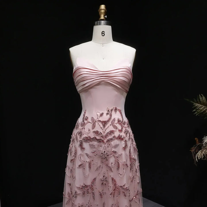 Romantic Pink Strapless Embroidered Beaded Evening Gown SS529