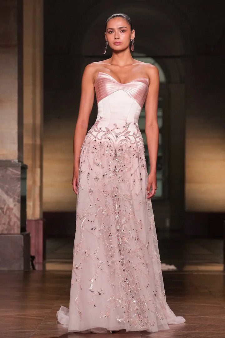 Romantic Pink Strapless Embroidered Beaded Evening Gown SS529