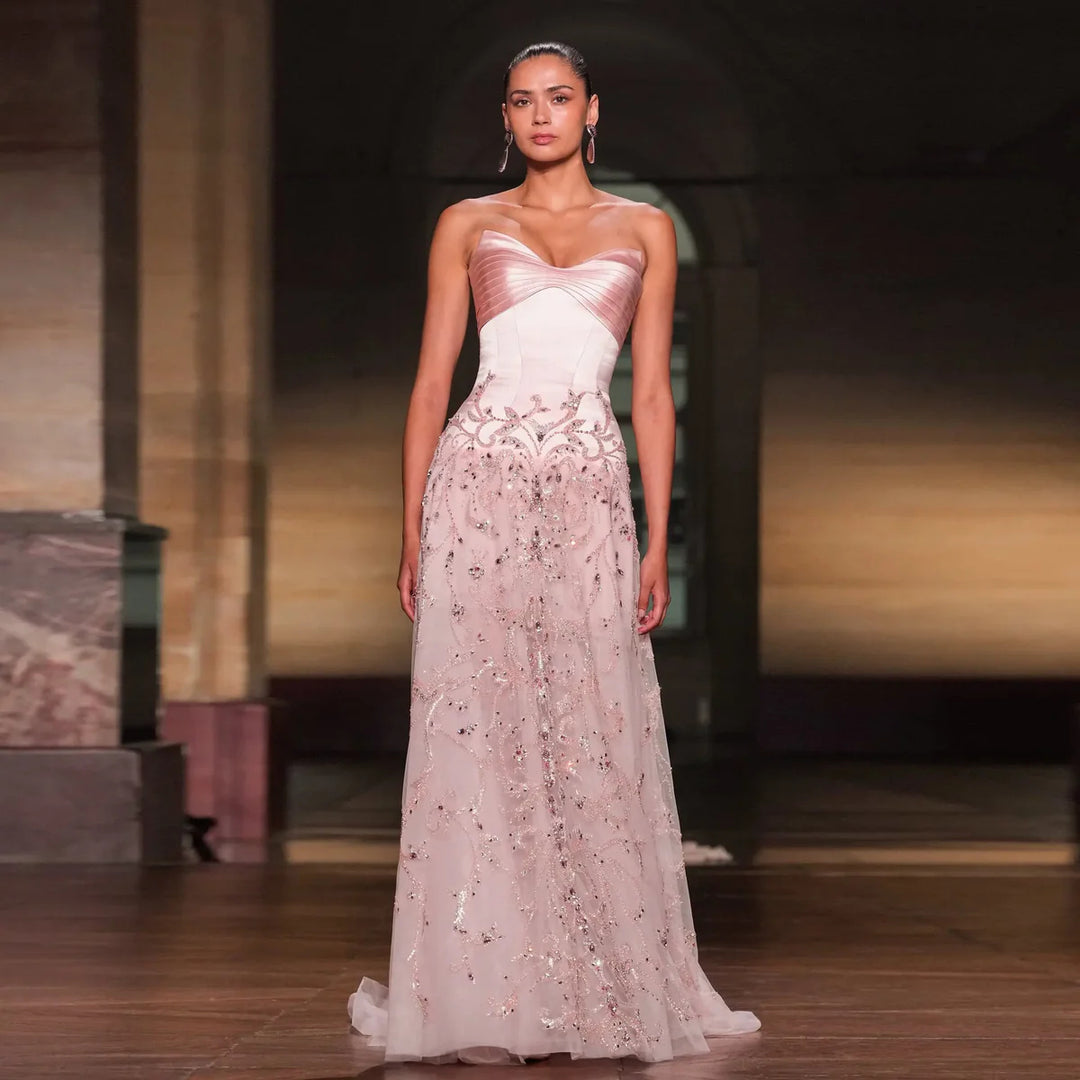 Romantic Pink Strapless Embroidered Beaded Evening Gown SS529