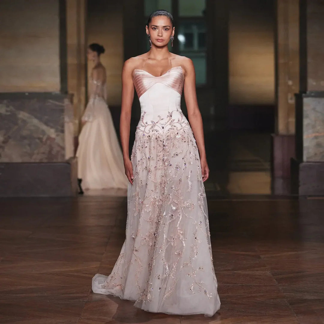 Romantic Pink Strapless Embroidered Beaded Evening Gown SS529