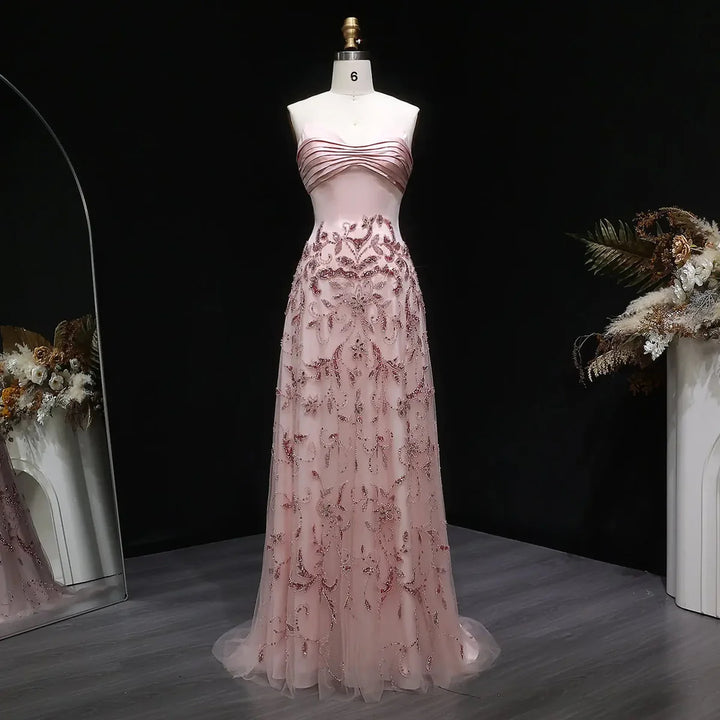 Romantic Pink Strapless Embroidered Beaded Evening Gown SS529