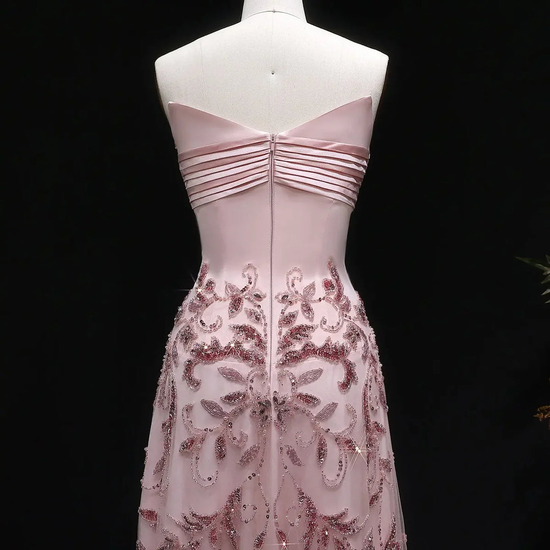 Romantic Pink Strapless Embroidered Beaded Evening Gown SS529