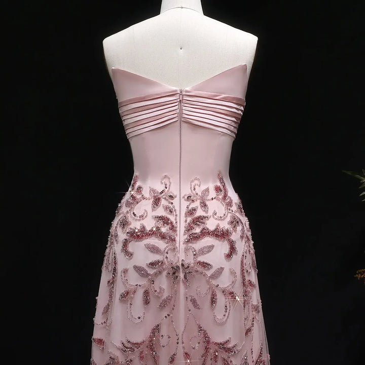 Romantic Pink Strapless Embroidered Beaded Evening Gown SS529
