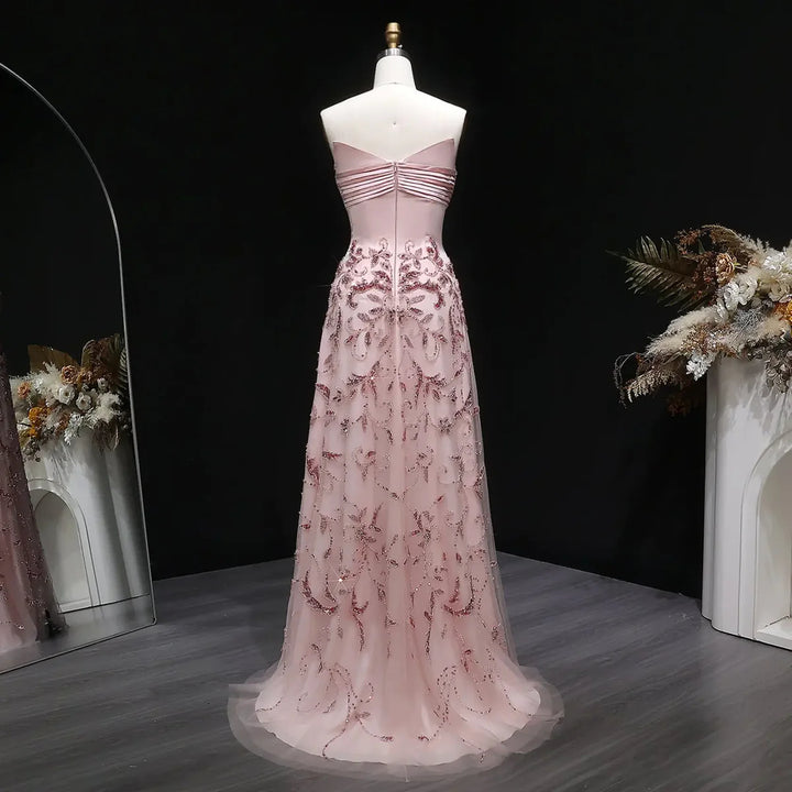 Romantic Pink Strapless Embroidered Beaded Evening Gown SS529