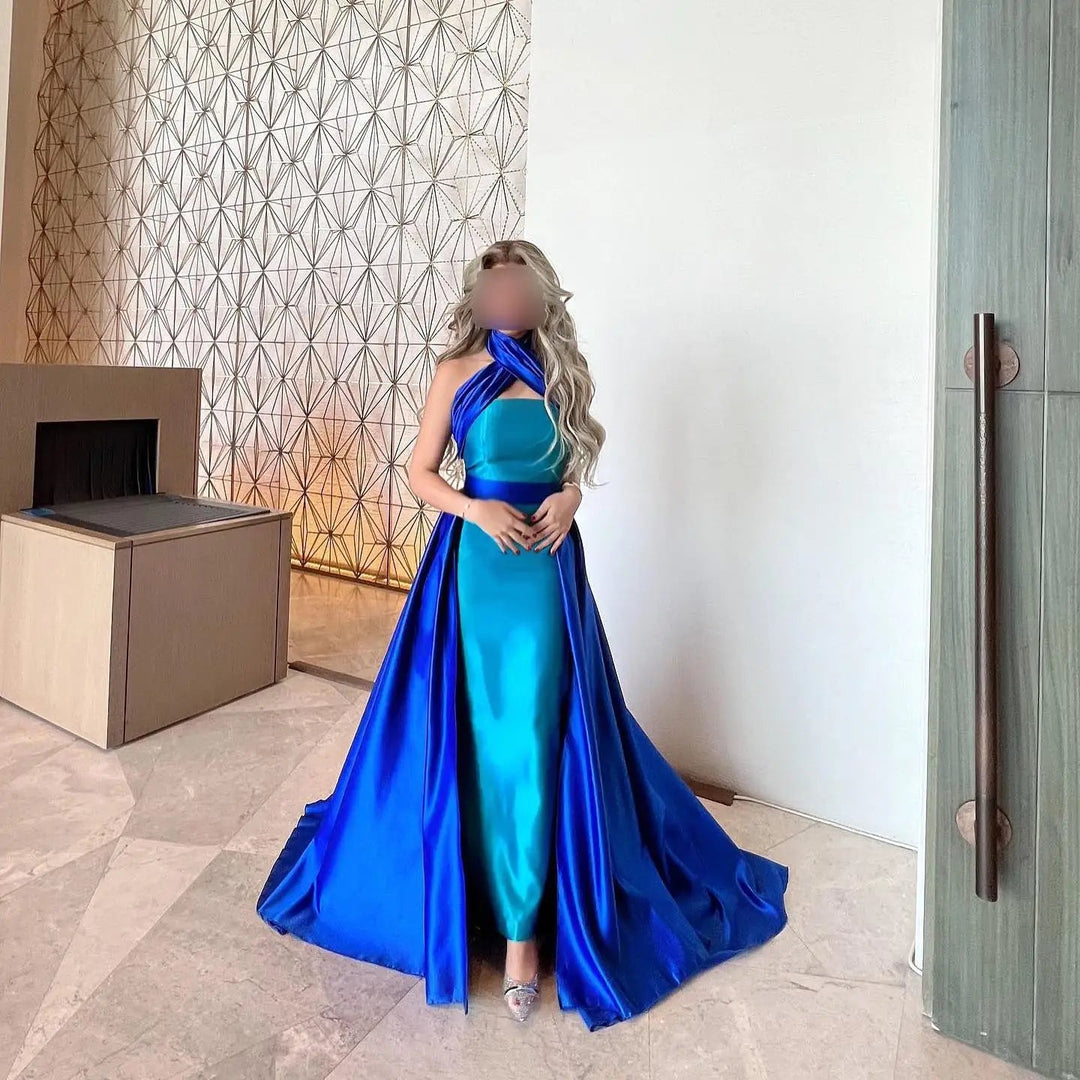 Royal Blue Contrast Turquoise Evening Dress with Overskirt SF012