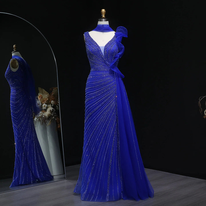 Luxury Burgundy Mermaid Evening Dress with Sparkling Beads, Scarf and Overskirt SS189