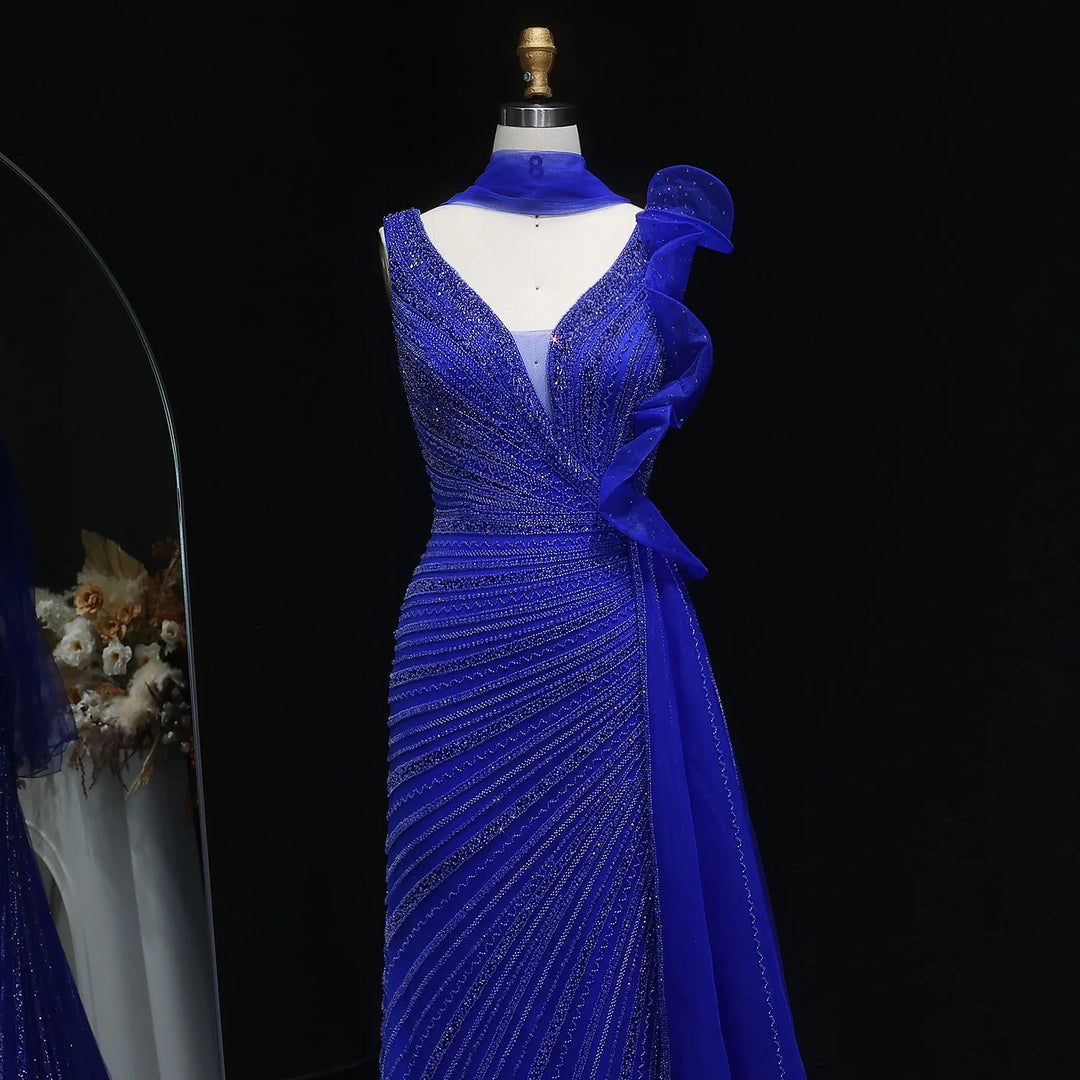 Luxury Burgundy Mermaid Evening Dress with Sparkling Beads, Scarf and Overskirt SS189