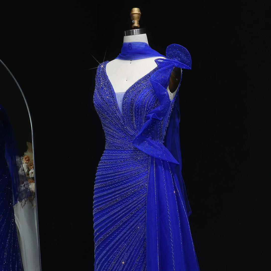 Luxury Burgundy Mermaid Evening Dress with Sparkling Beads, Scarf and Overskirt SS189