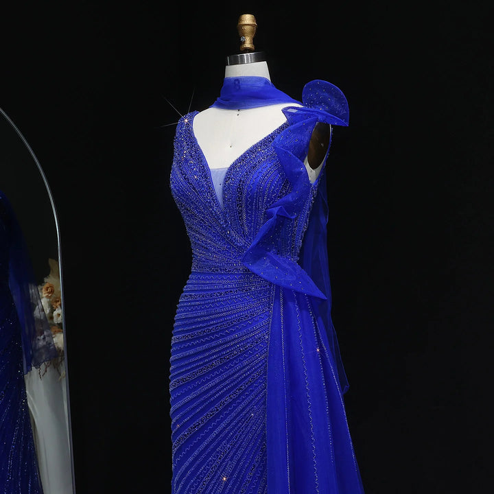 Luxury Burgundy Mermaid Evening Dress with Sparkling Beads, Scarf and Overskirt SS189