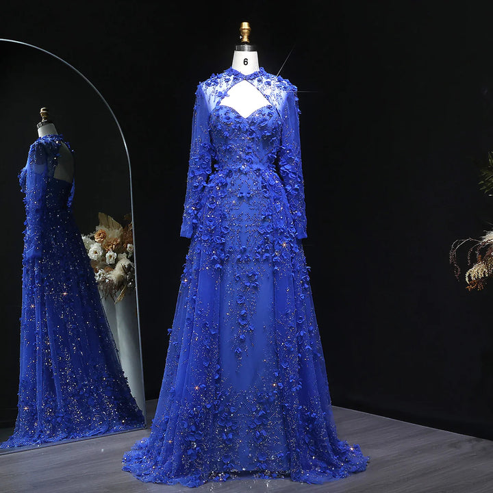 Elegant Royal Blue Floral Beaded Evening Dress with Skirt SS647