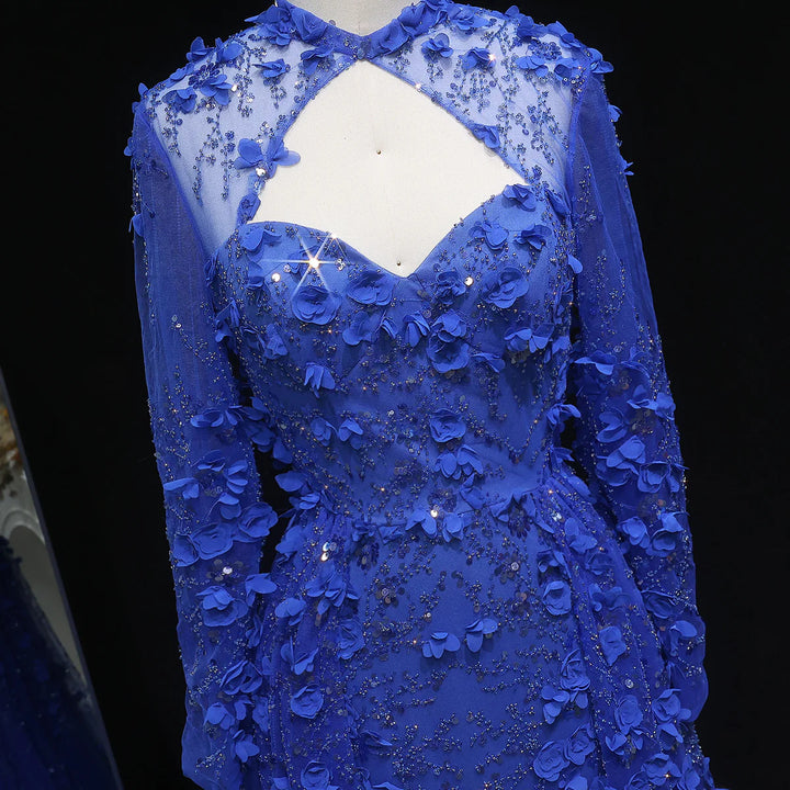 Elegant Royal Blue Floral Beaded Evening Dress with Skirt SS647