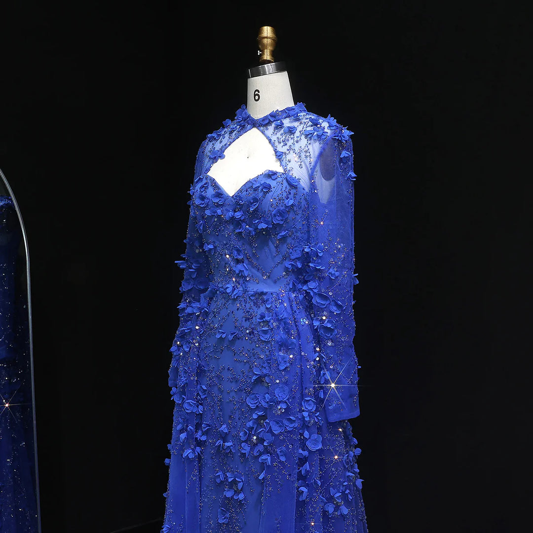 Elegant Royal Blue Floral Beaded Evening Dress with Skirt SS647