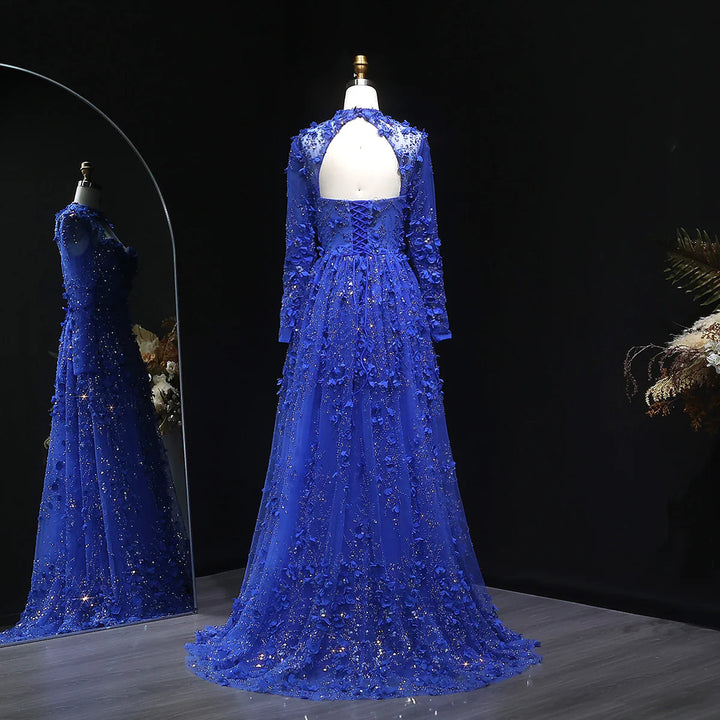 Elegant Royal Blue Floral Beaded Evening Dress with Skirt SS647