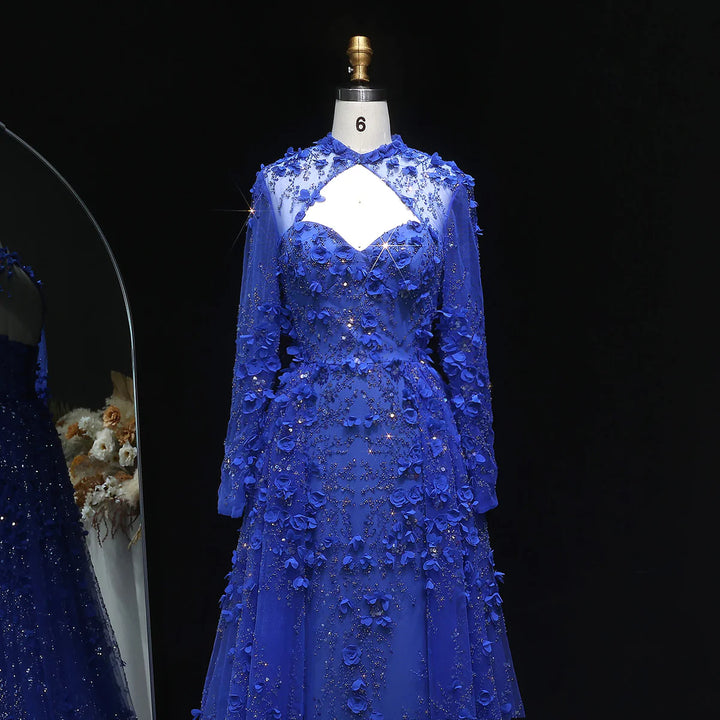 Elegant Royal Blue Floral Beaded Evening Dress with Skirt SS647