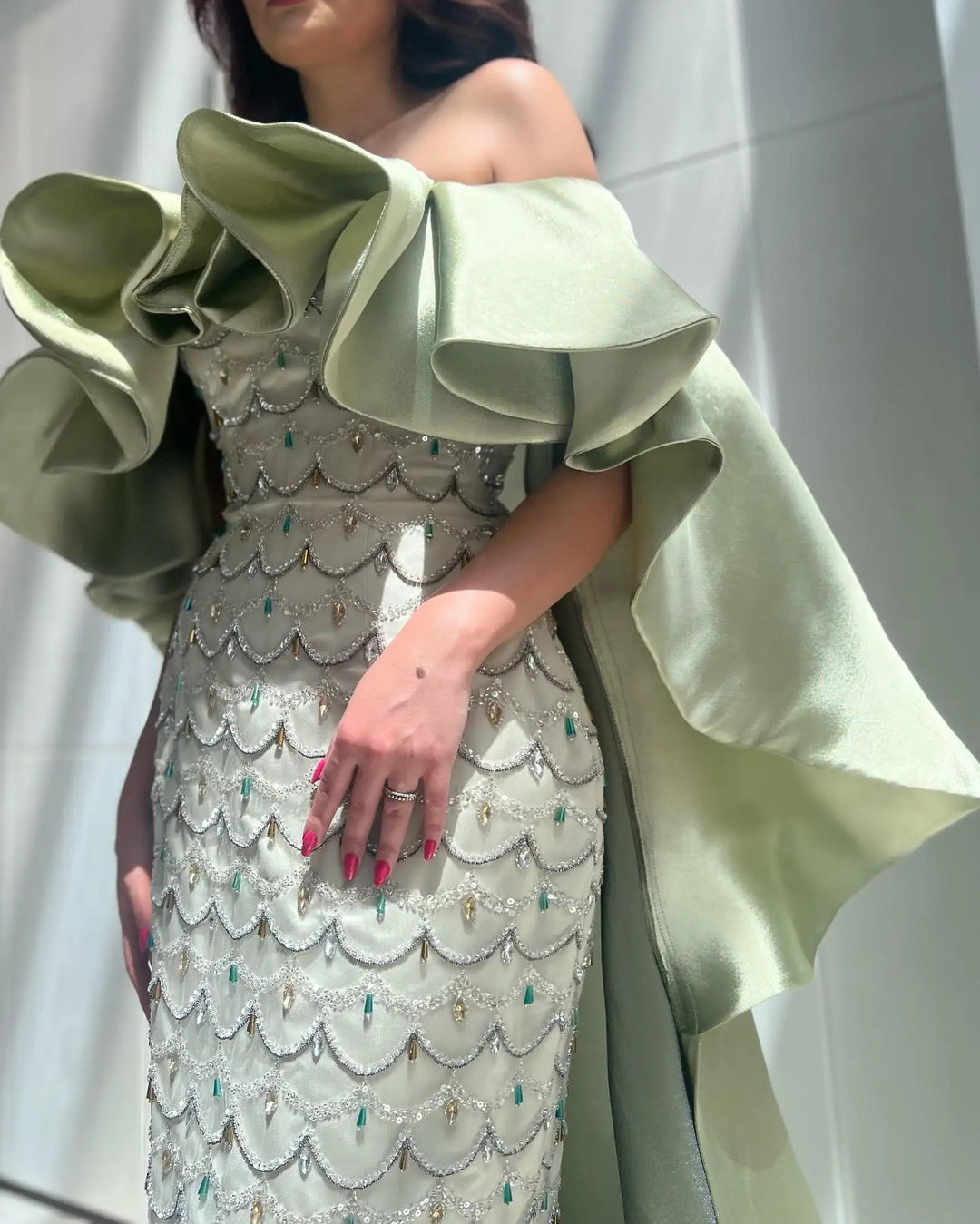 Luxury Sage Green Strapless Evening Dress with Cape SS383